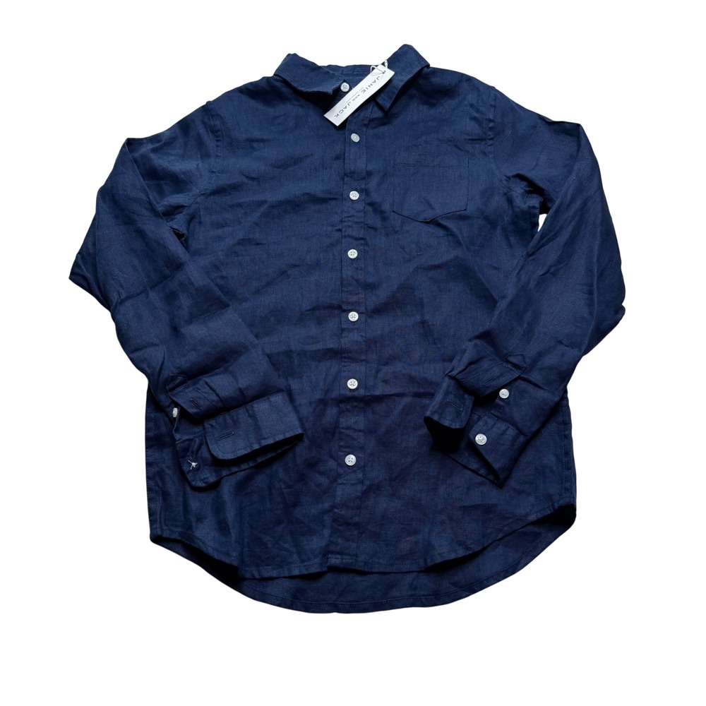 JANIE AND JACK Long Sleeve Button Down Navy Blue 100% Linen Boy's Size 10 NEW
